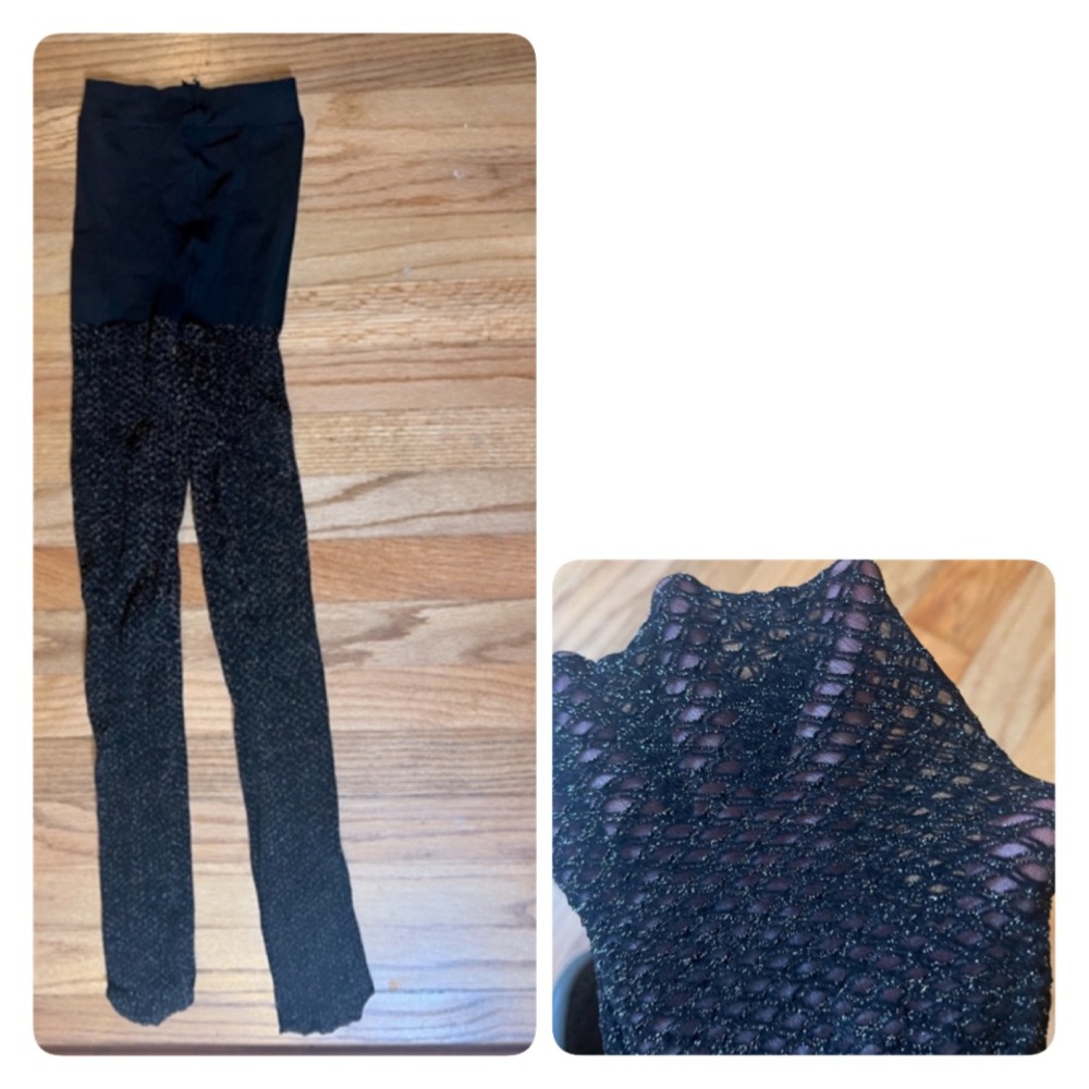 Shimmering metallic black tights with fishnet texture, size small.